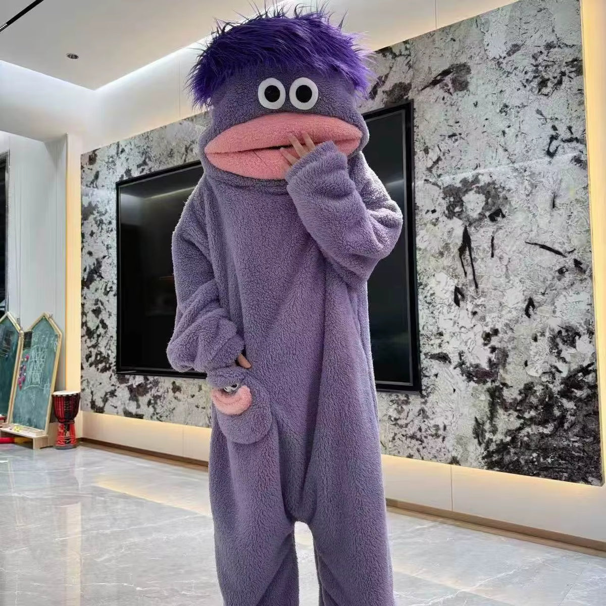 Ugly Fish Big Head Kigurumi Onesie, Thick Coral Fleece Big Mouth Monster Winter Cartoon Couple Sleep Loungewear Wholesale