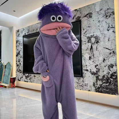 Ugly Fish Big Head Kigurumi Onesie, Thick Coral Fleece Big Mouth Monster Winter Cartoon Couple Sleep Loungewear Wholesale