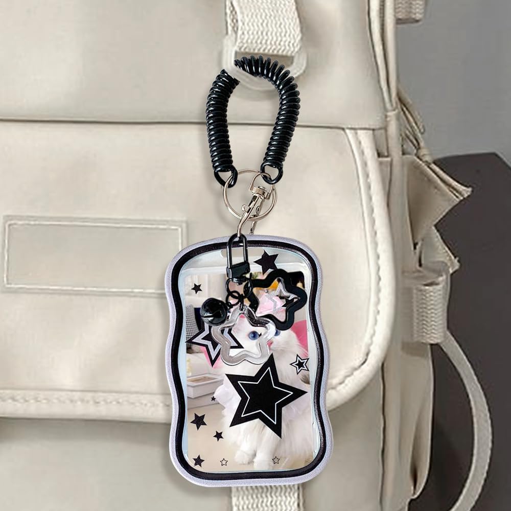 1Pc Cute Photocard Holder Black Photo Card Holder Keychain with Spring Rope Small Bell Star Ornaments Baseball Card Protectors Transparent Photocard Holders ID Badge Holders Badge Cover Protector