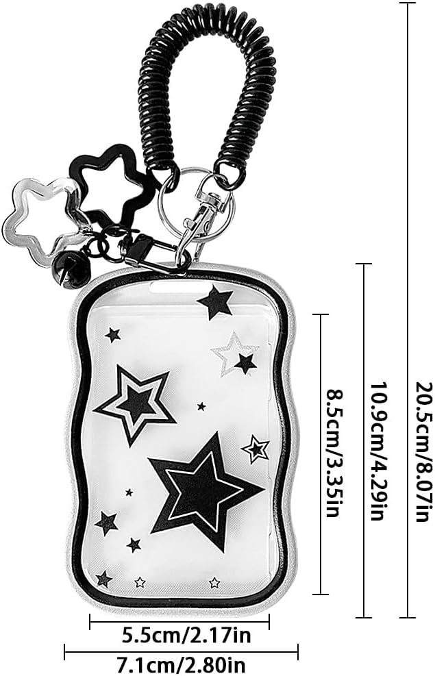 1Pc Cute Photocard Holder Black Photo Card Holder Keychain with Spring Rope Small Bell Star Ornaments Baseball Card Protectors Transparent Photocard Holders ID Badge Holders Badge Cover Protector