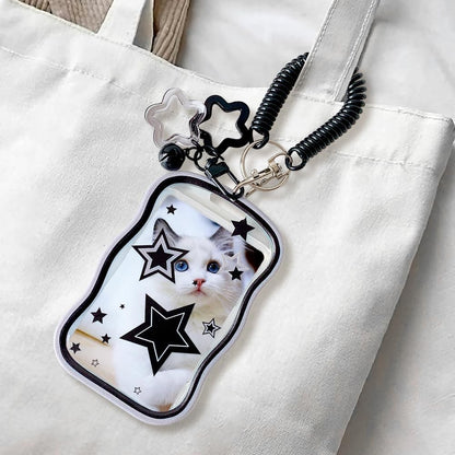 1Pc Cute Photocard Holder Black Photo Card Holder Keychain with Spring Rope Small Bell Star Ornaments Baseball Card Protectors Transparent Photocard Holders ID Badge Holders Badge Cover Protector