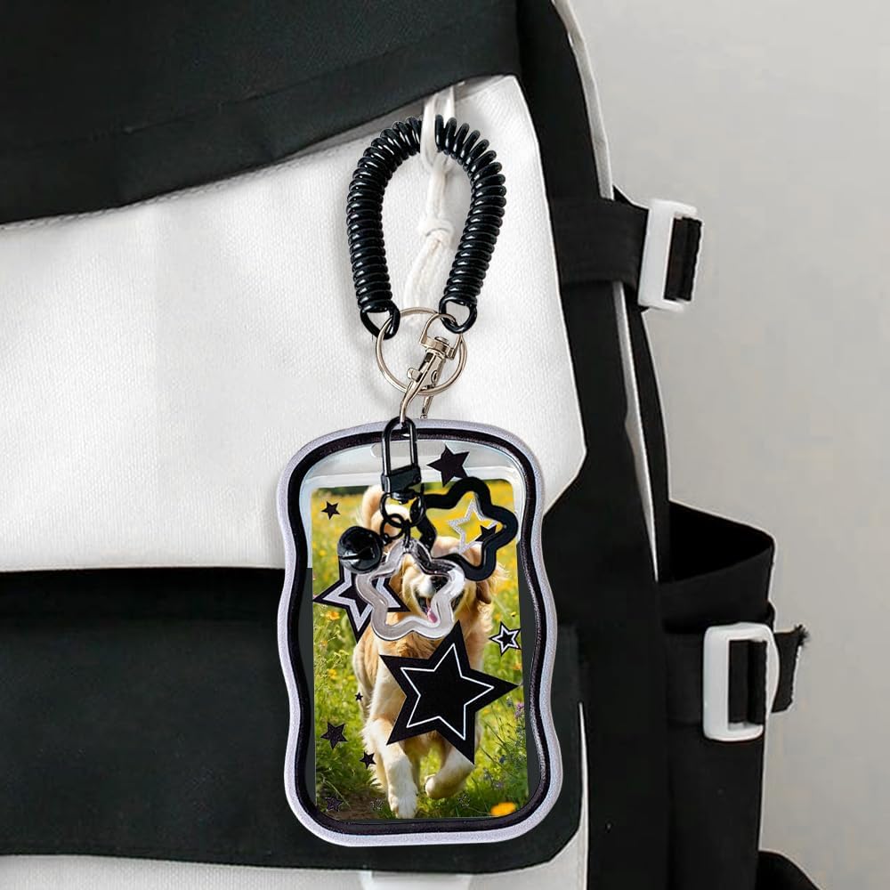 1Pc Cute Photocard Holder Black Photo Card Holder Keychain with Spring Rope Small Bell Star Ornaments Baseball Card Protectors Transparent Photocard Holders ID Badge Holders Badge Cover Protector