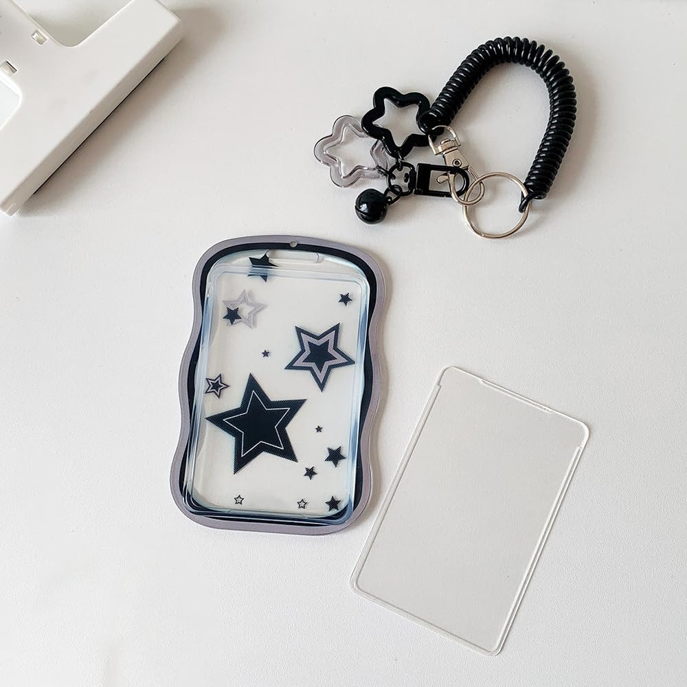 1Pc Cute Photocard Holder Black Photo Card Holder Keychain with Spring Rope Small Bell Star Ornaments Baseball Card Protectors Transparent Photocard Holders ID Badge Holders Badge Cover Protector