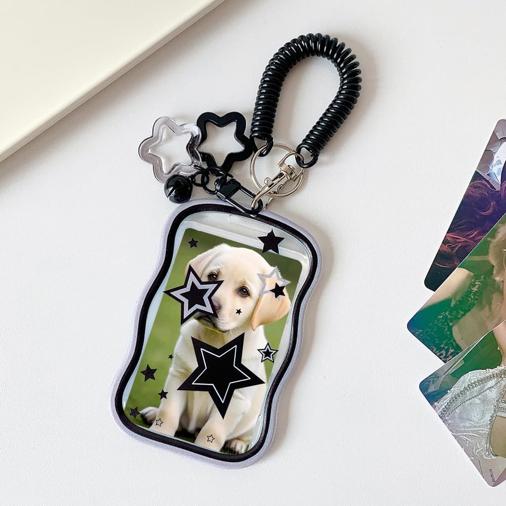 1Pc Cute Photocard Holder Black Photo Card Holder Keychain with Spring Rope Small Bell Star Ornaments Baseball Card Protectors Transparent Photocard Holders ID Badge Holders Badge Cover Protector