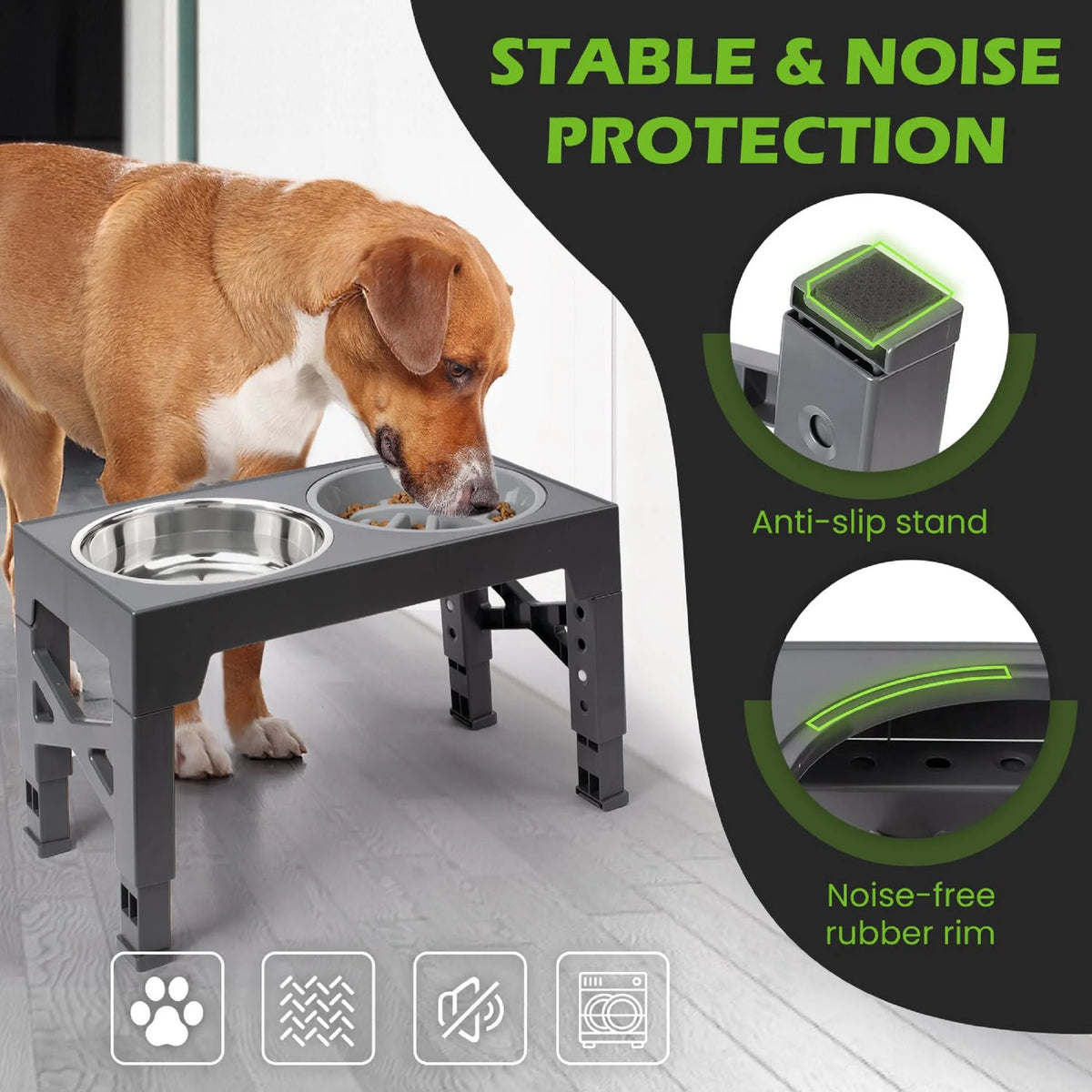 Elevated Dog Bowls - 5 Adjustable Heights Stand, 2 Stainless Steel Bowls & 1 Slow Feeder, 3.2" to 12.2" for Small to Large Dogs, Gray