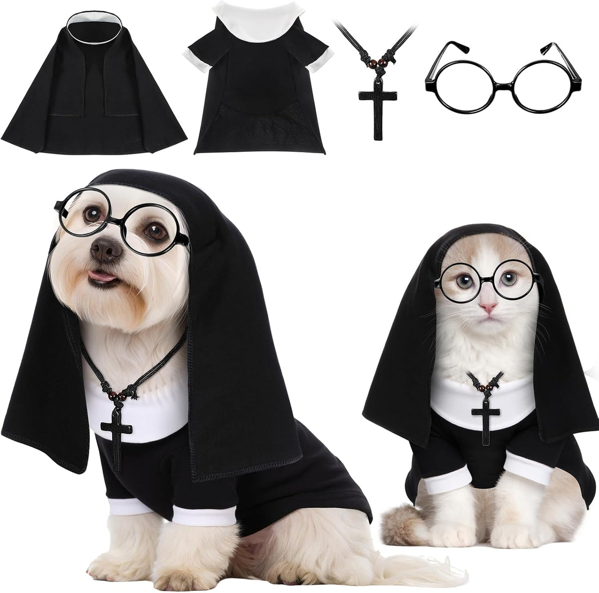 4 Pcs Nun Costume M Dog Cat Halloween Outfit Cross Necklace