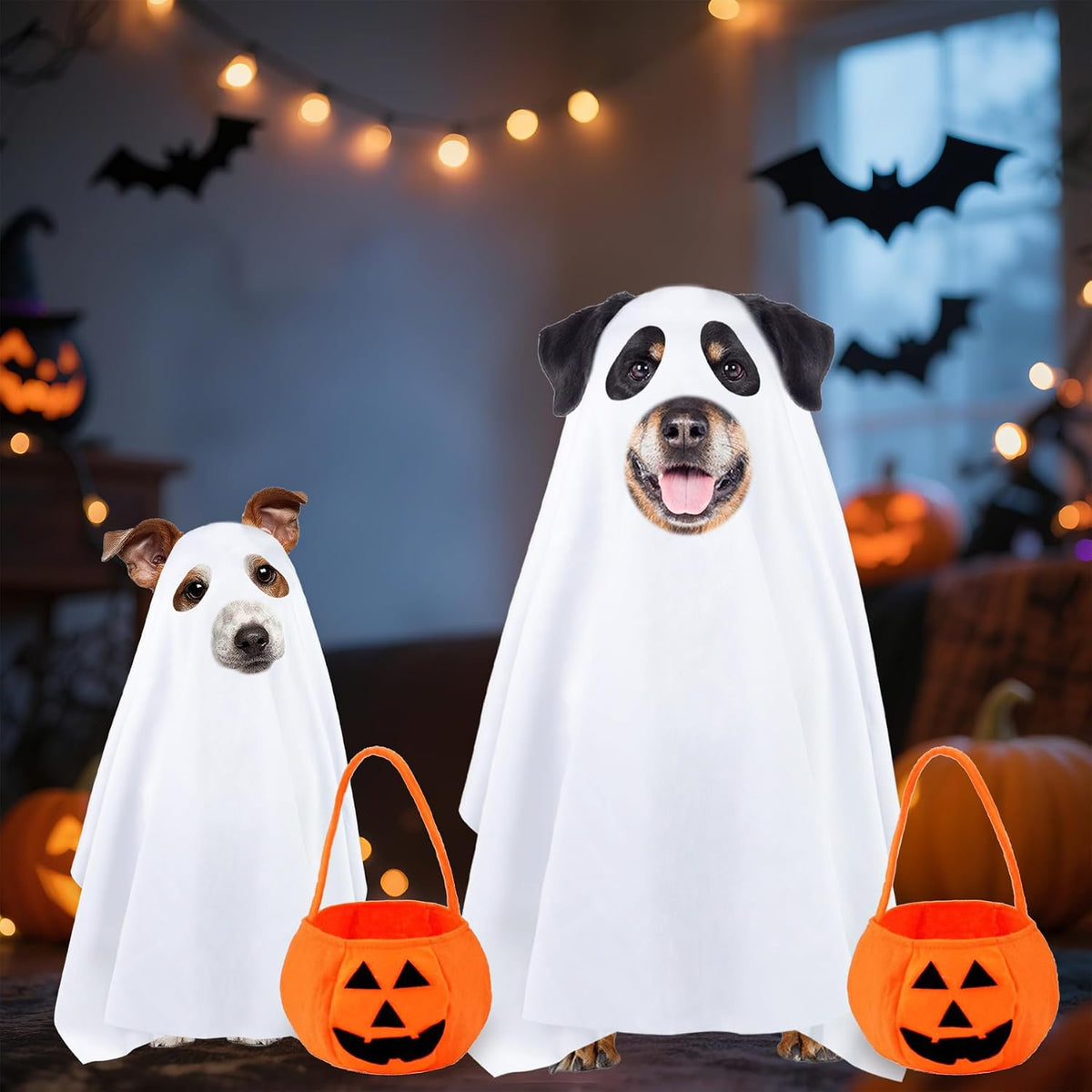 Ghost Sheet Dog Halloween Costume with Pumpkin Candy Bag