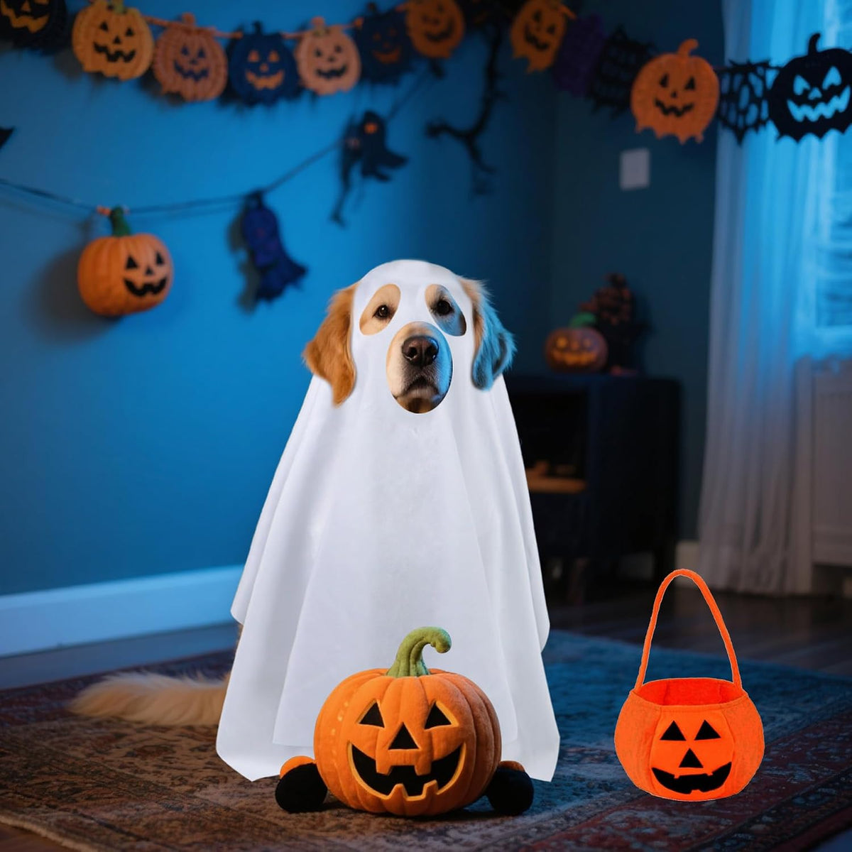 Ghost Sheet Dog Halloween Costume with Pumpkin Candy Bag