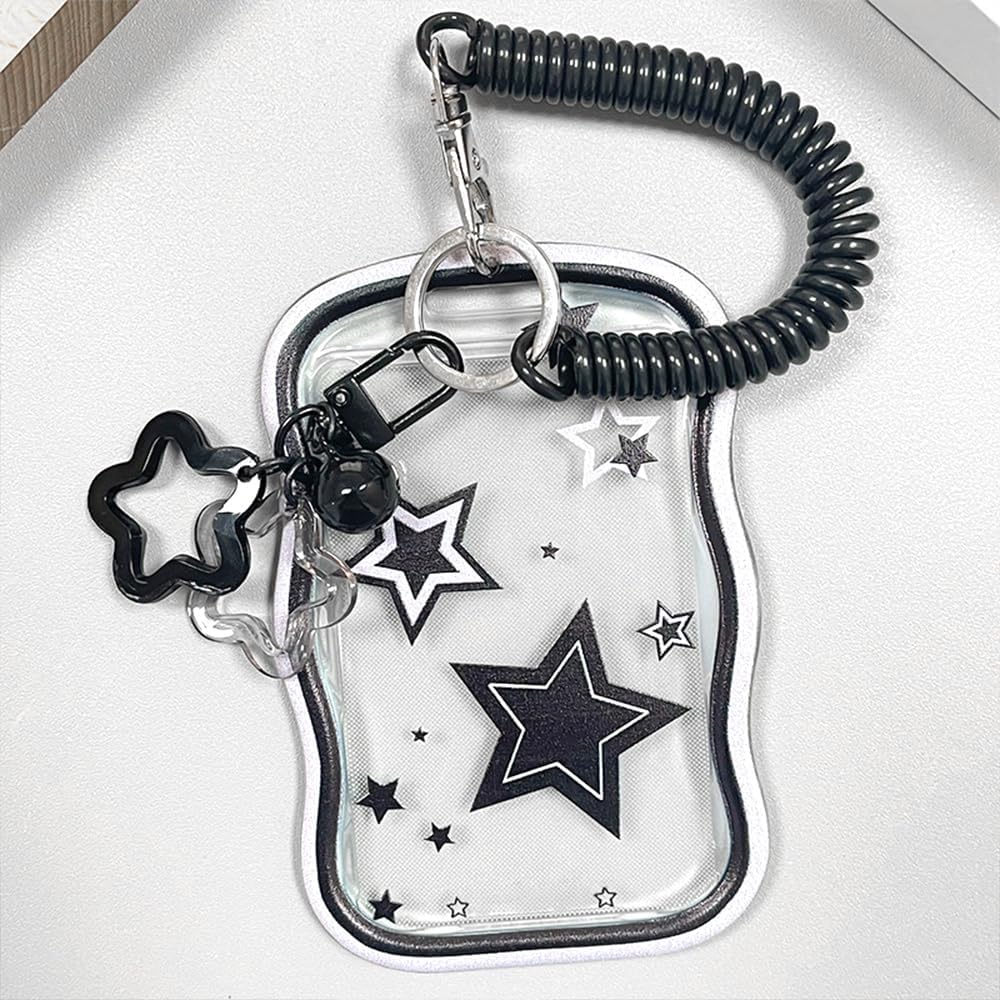 1Pc Cute Photocard Holder Black Photo Card Holder Keychain with Spring Rope Small Bell Star Ornaments Baseball Card Protectors Transparent Photocard Holders ID Badge Holders Badge Cover Protector
