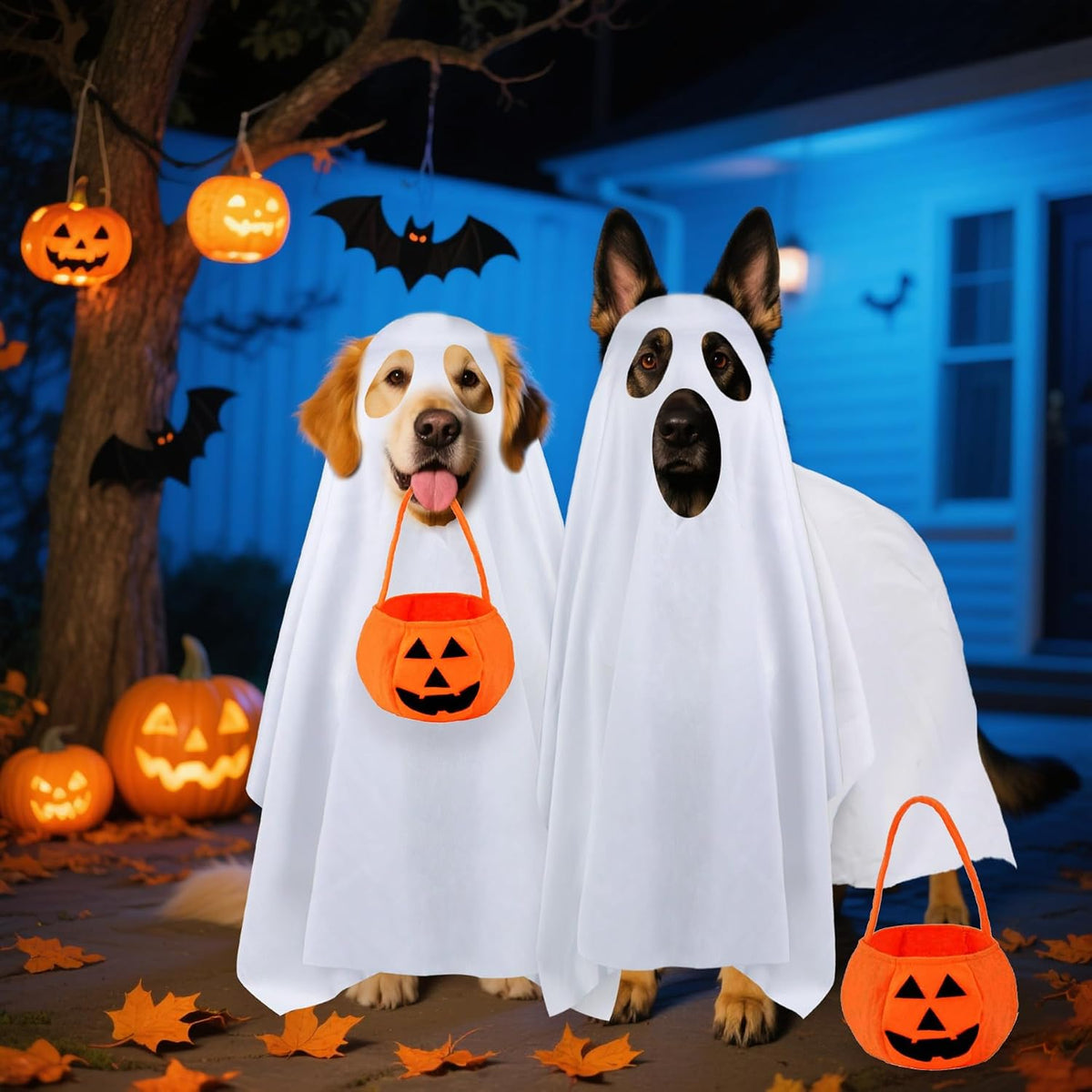 Ghost Sheet Dog Halloween Costume with Pumpkin Candy Bag