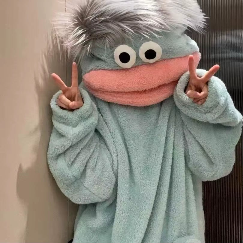 Ugly Fish Big Head Kigurumi Onesie, Thick Coral Fleece Big Mouth Monster Winter Cartoon Couple Sleep Loungewear Wholesale