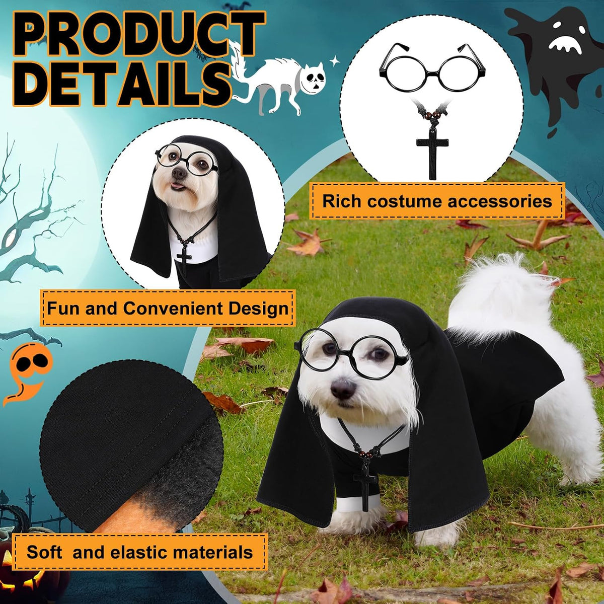 4 Pcs Nun Costume M Dog Cat Halloween Outfit Cross Necklace