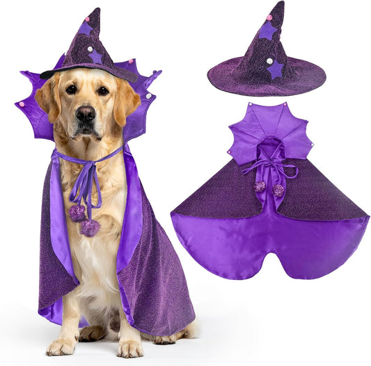Dog Witch Cape and Hat Halloween Costume Set