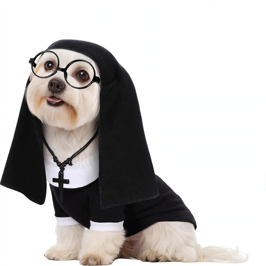 Nun Costume for Dogs & Cats 4-Piece | Funny Halloween Outfit with Cross Necklace