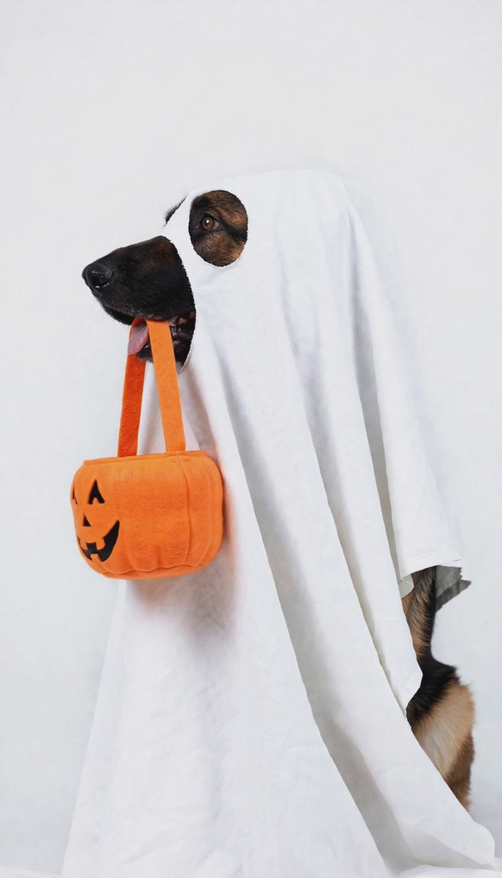 hover video - dog in ghost costume