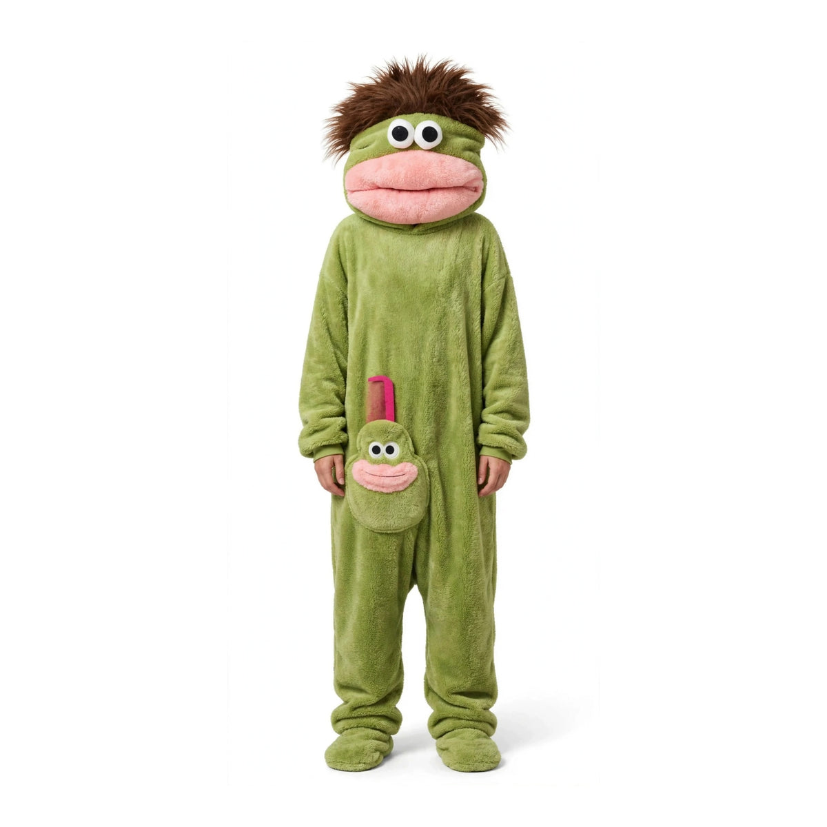 Person wearing the green Ugly Fish kigurumi onesie with big fish head hood