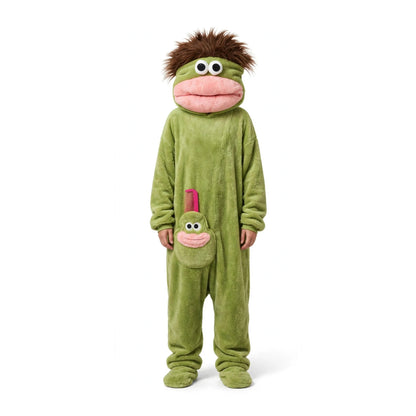 Person wearing the green Ugly Fish kigurumi onesie with big fish head hood