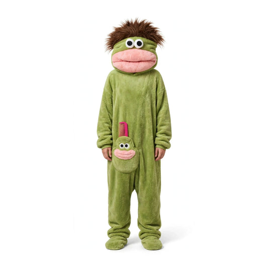 Person wearing the green Ugly Fish kigurumi onesie with big fish head hood